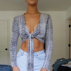 Snakeskin Front Tie LongSleeve Crop Top